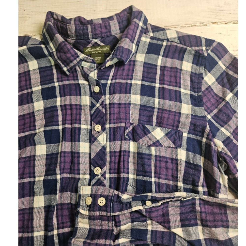 Eddie Bauer Womens Purple Navy Plaid Cotton Button Down Shirt Long Sleeve L
